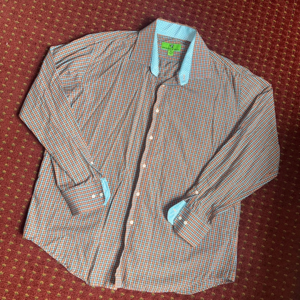 Bristol & Bull Button Down Mens XL Orange Blue Plaid Excellent‎ Contrast Cuff